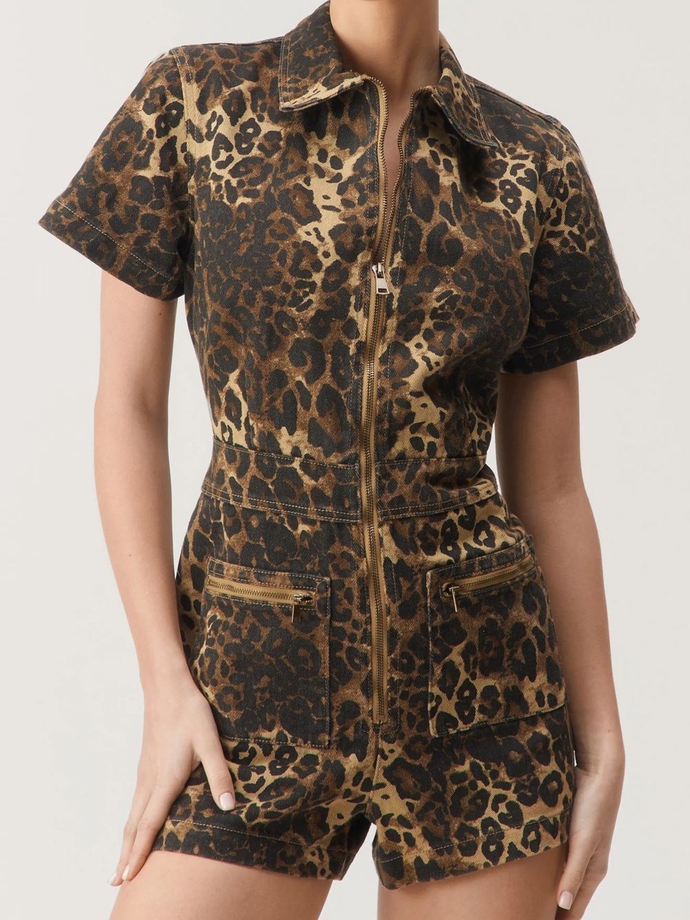 Nasty Gal Leopard Print Zip-Up Leopard Print Denim Romper Black & Tan